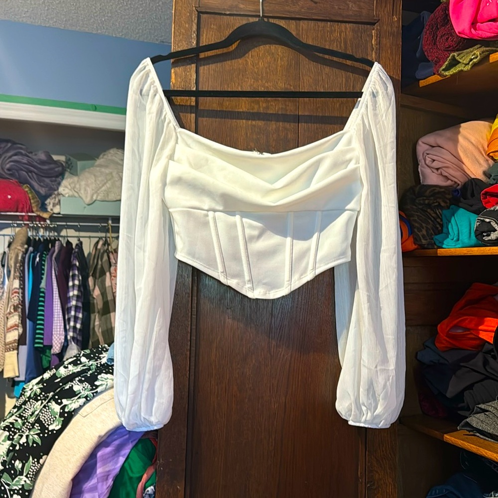 SHEIN Cropped Off Shoulder Blouse in White expose Zipper back